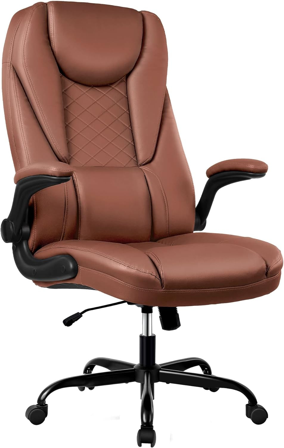 Executive Office Chair - Ergonomic Leather Chair with Adjustable Flip-Up Arms and Lumbar Support for Big and Tall Individuals - High Back Home Office Desk Chair for Increased Comfort and Productivity (Brown)