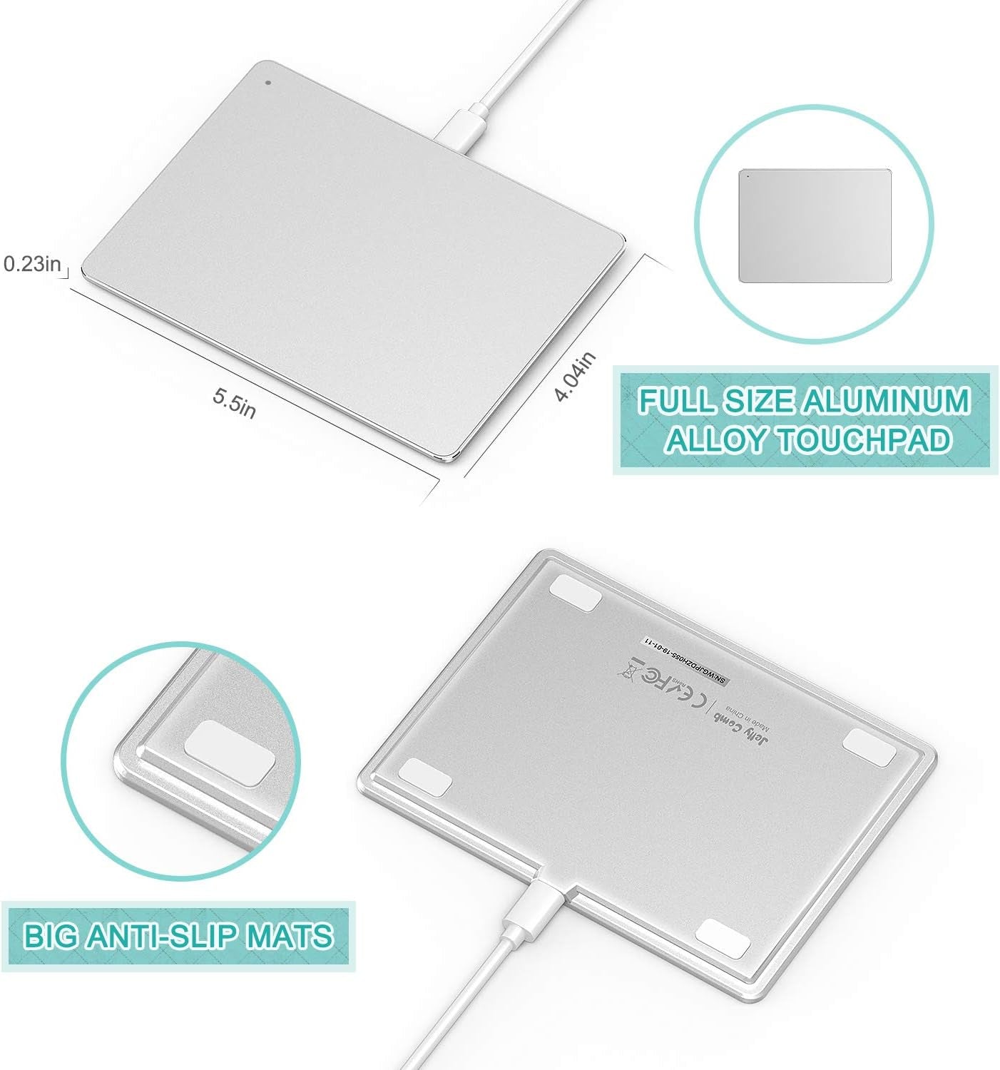 Ultra Slim USB Trackpad Touchpad - Portable Aluminum Wired Touchpad with Multi-Touch Navigation for Windows 7/10 PC Laptop Notebook Desktop Computer, Silver