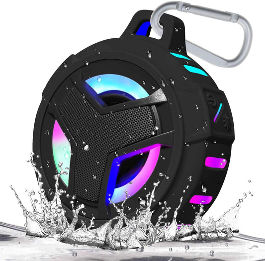 Bluetooth Shower Speaker: Portable and IP67 Waterproof Outdoor Speaker with LED Light. It's Floating and True Wireless Stereo, featuring a 2000mAh battery. Perfect for Pool, Kayak, Bike, Golf, and Gifts. Color: Black.