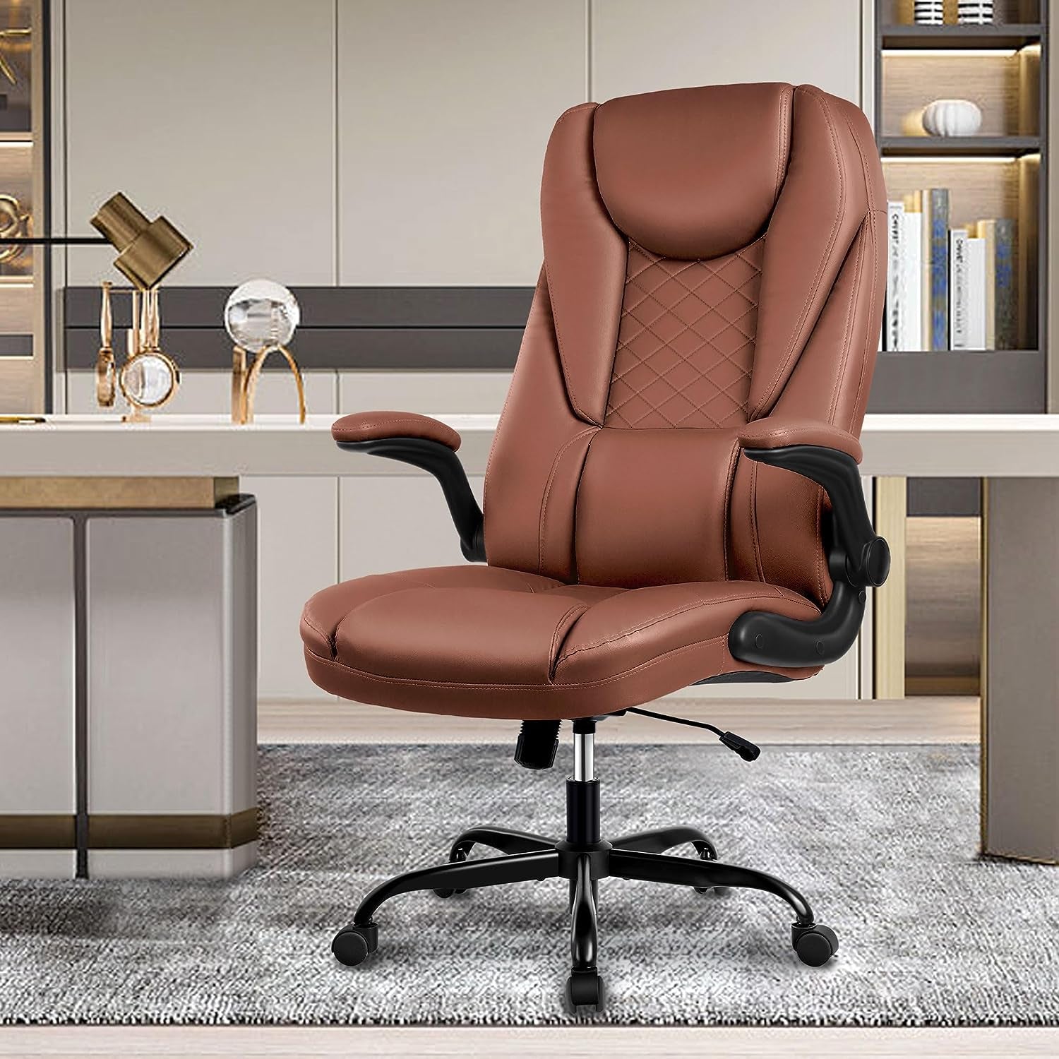 Executive Office Chair - Ergonomic Leather Chair with Adjustable Flip-Up Arms and Lumbar Support for Big and Tall Individuals - High Back Home Office Desk Chair for Increased Comfort and Productivity (Brown)