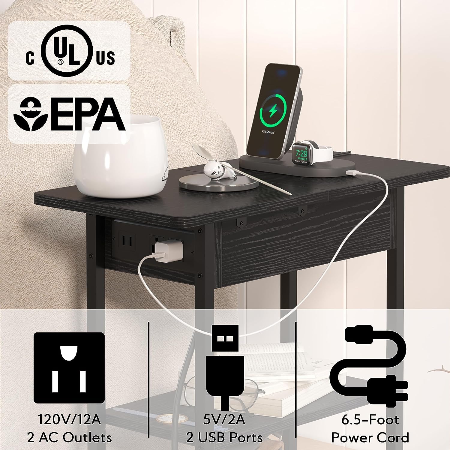 Charging Station End Table: Narrow Couch Side Table with USB Port, Outlet, and Flip-Top Design - Ideal for Small Spaces in Living Room or Bedroom - Color: Black