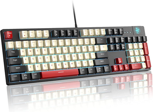  Mk-Armor Mechanical Gaming Keyboard - LED Rainbow Backlit, Wired USB Keyboard with 104 Keys and Red Switches. Designed for Windows PC Laptop Gaming Black&White